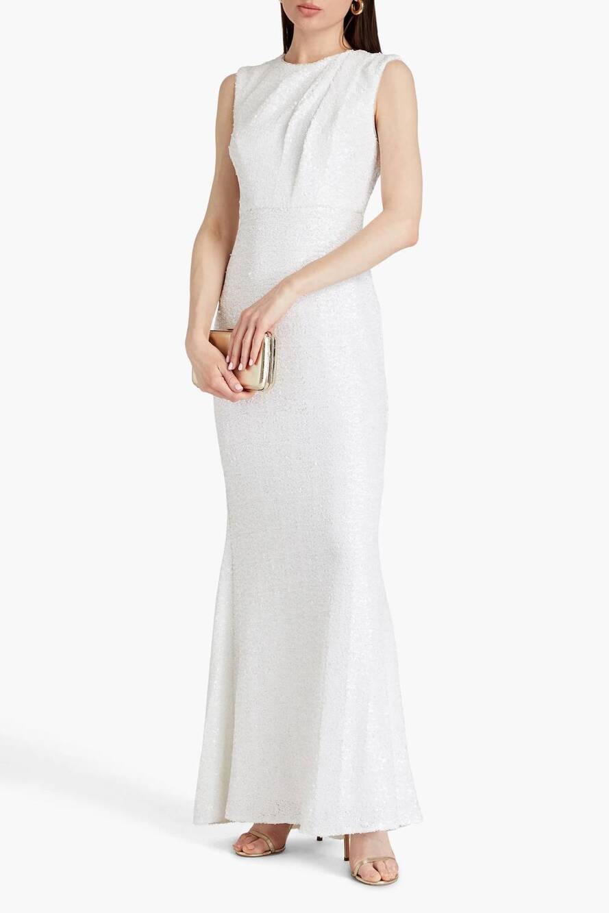 NEW BADGLEY MISCHKA sequined mesh gown in white